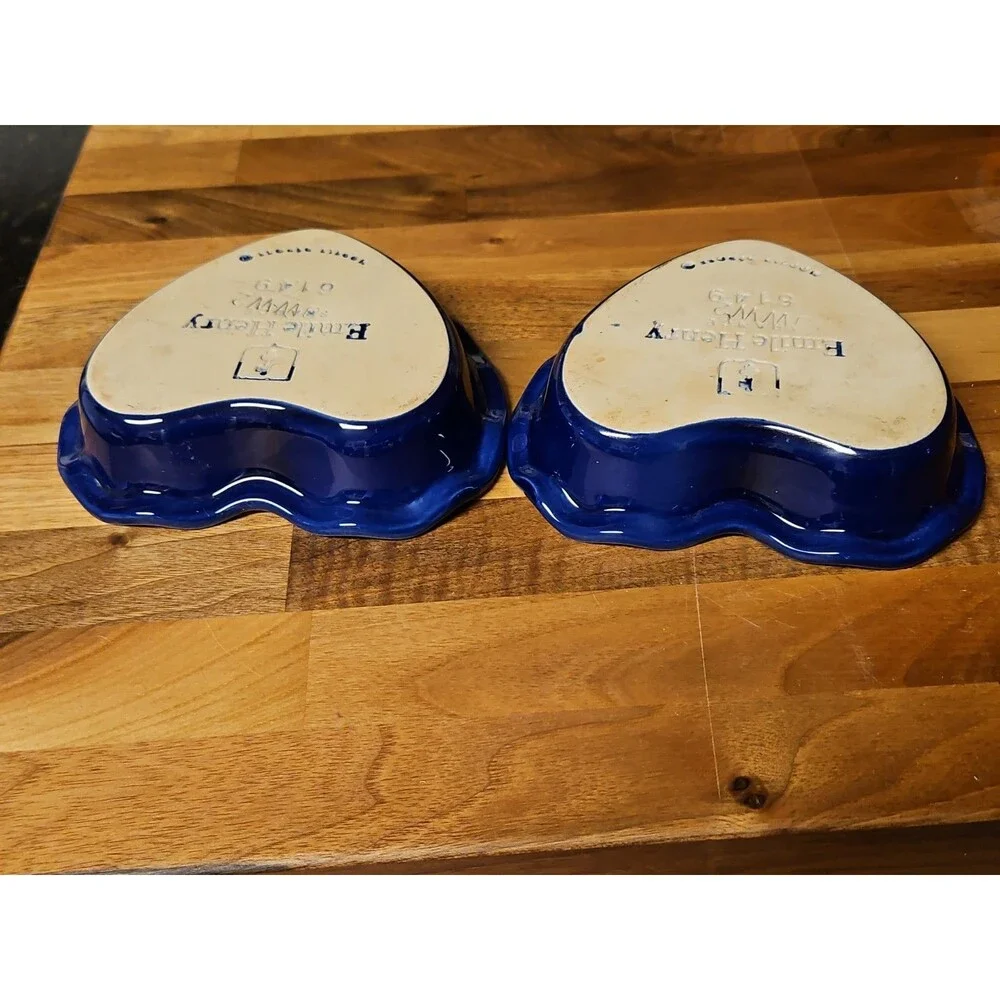 Set Of 2 Emile Henry Fluted Edge Heart Shaped Blue & White Baking Dishes #6149